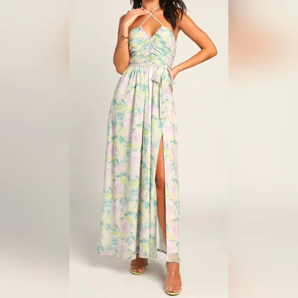 Lulus Effortlessly Abloom Green Multi Floral Ruched Halter Maxi Dress, Small